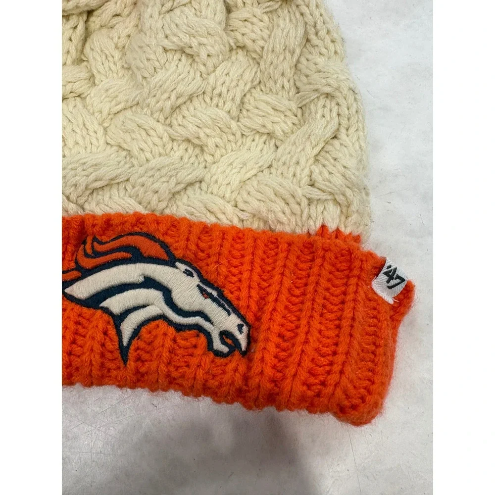 47 Brand Denver Broncos Women's Cable Knit Pom Beanie Hat Cream Orange NFL